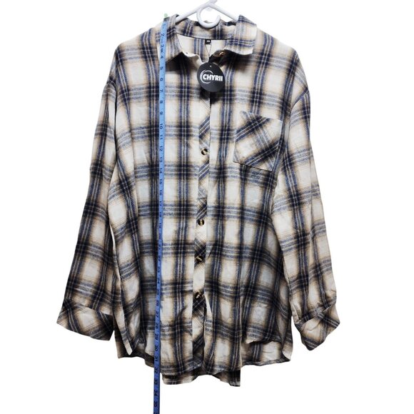 Chyrri Mens Plaid Shirt Size XXL Long Sleeve Blue Beige Button-Down - Picture 5 of 7